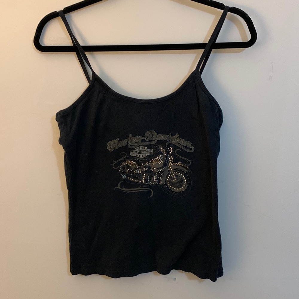 Harley Davidson Black Bejeweled Tank stop with Shelf Bra Size Large
